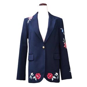 Zara Navy Floral Embroidered Blazer/Suit Jacket with Gold Buttons Size Small